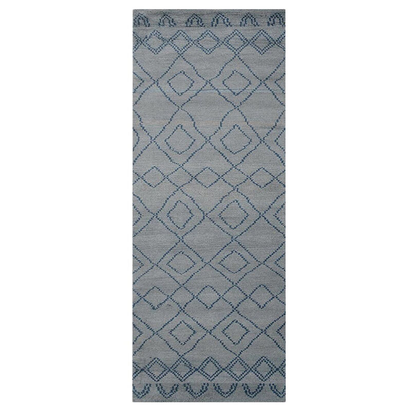 HAND KNOTTED WOOL Geometric AREA RUGS  - 2'6''x10', Runner Shape, Light Blue Blue Color, Geometric Modern, Medium Pile Handmade Area Rugs for Living Room, Bed Room (N01117)