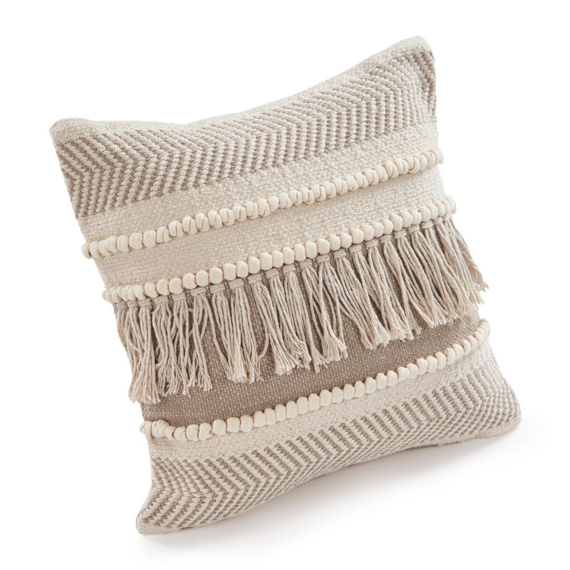 HomeRoots Set of Two Beige Striped Cotton Throw Pillow With Fringe image number 2
