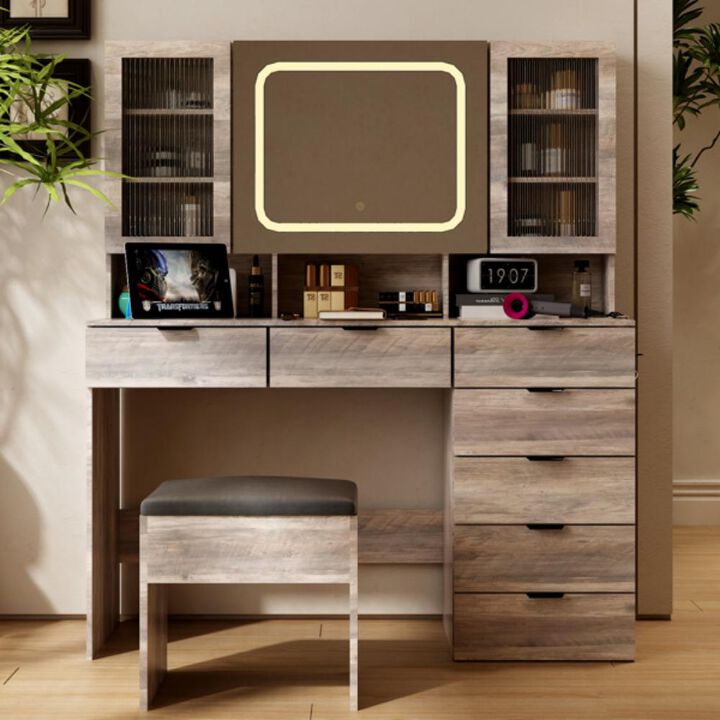 Large Vanity Table Set with LED Lighted Mirror – Elegant Makeup Desk with Ample Storage and Cushioned Stool
