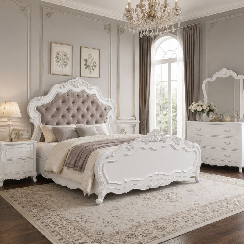 Tisha King Bed, Tufted Dark Beige Chenille Upholstery w White Traditional Design image number 8