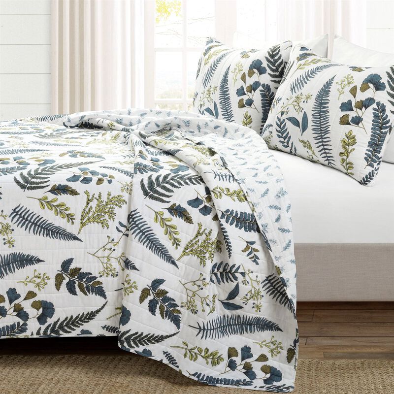 Reversible Cotton Lightweight Floral Fern Leaves 3 Piece Quilt Set
