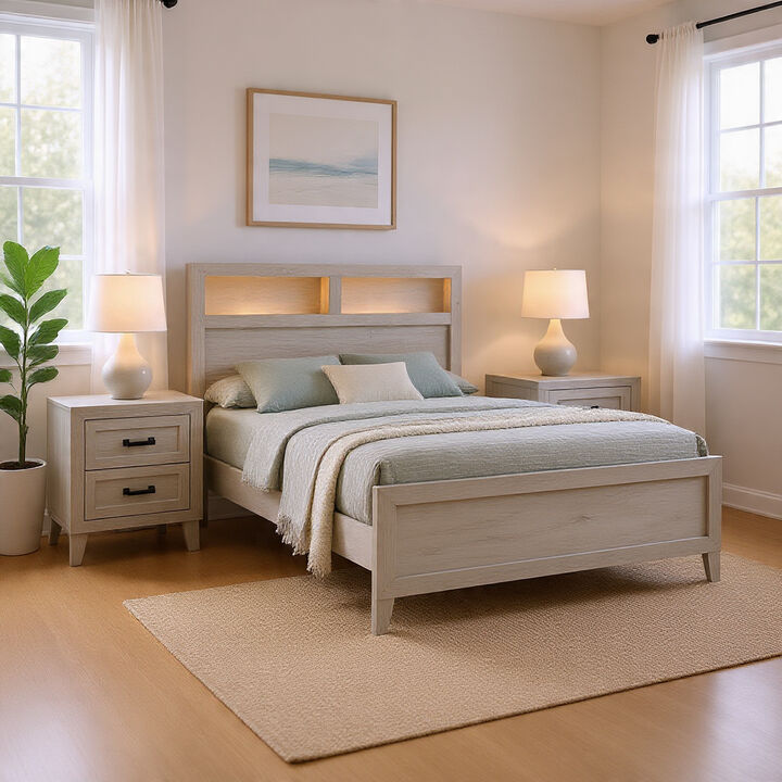 Queen Bedroom Set, White Wash, Black Wood, 3 Piece Set with 2 Nightstands