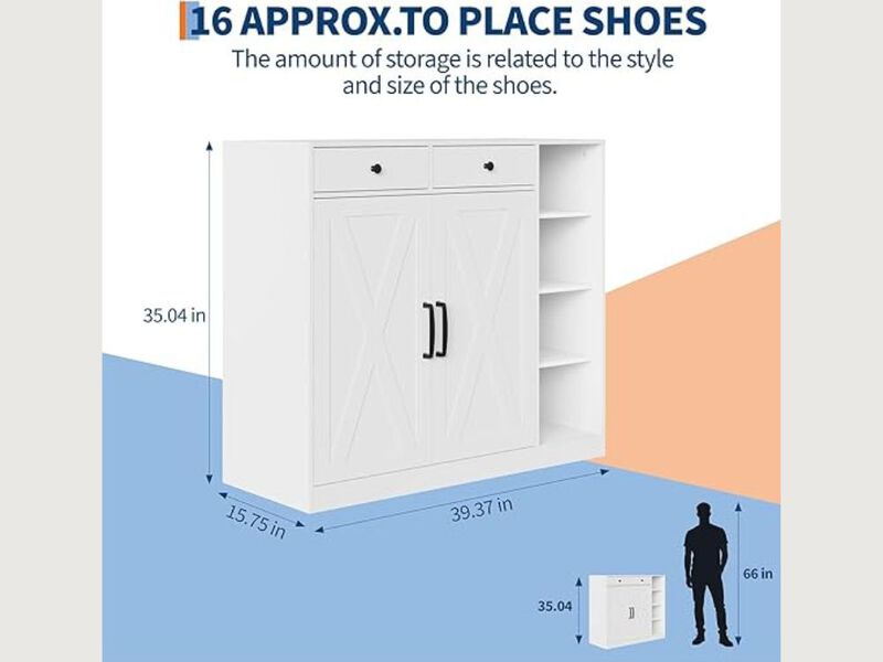Entryway Shoe Storage Cabinet Adjustable Shelves White Modern image number 2