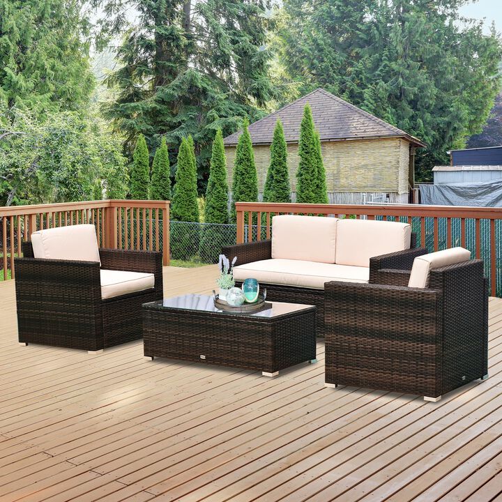 4-Piece Rattan Wicker Furniture Set, Outdoor Cushioned Conversation Furniture with 2 Chairs, Loveseat, and Glass Coffee Table, Beige