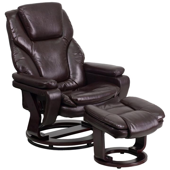 Flash Furniture Austin Contemporary Multi-Position Recliner and Ottoman with Swivel Mahogany Wood Base in Brown LeatherSoft