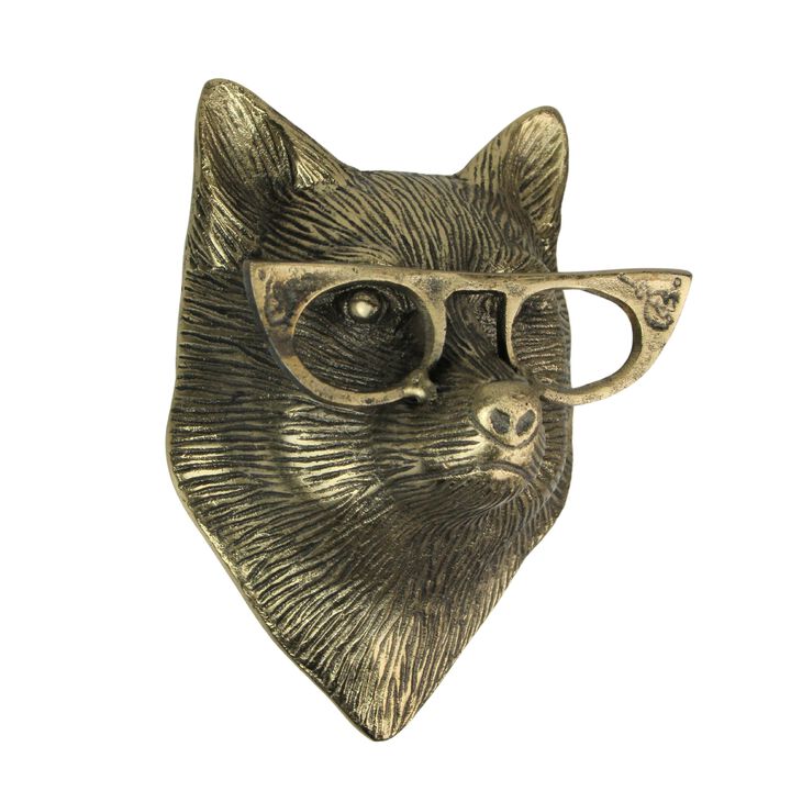 Gold Fox Head Wall Hanging With Spectacles, Whimsical Animal Decor, 6 High