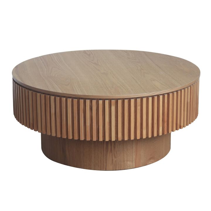 Round coffee table with storage Solid wood veneer and MDF coffee table with fluted base Modern accent coffee table for small spaces