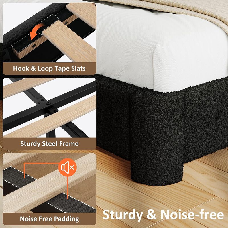 Vipbear Upholstered Boucle Platform Bed Frame with Adjustable Wide Headboard, Wooden Slats, Black image number 4