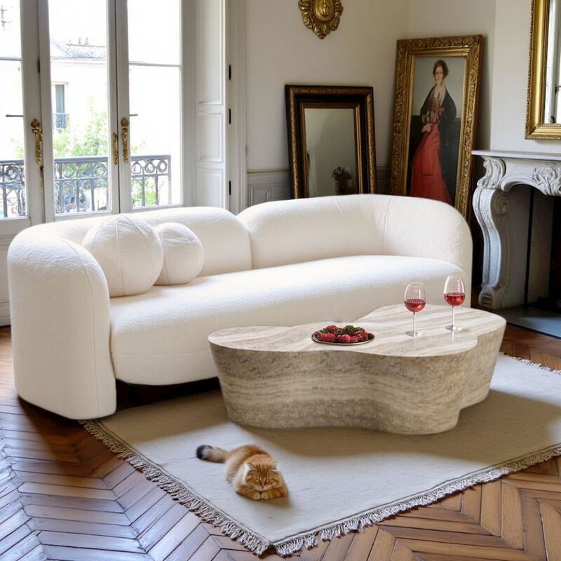 Starlight Canyon Home Beige Fluffy Round Couch For 6 With Faux Fur And Pillows, Modern Sofa Style