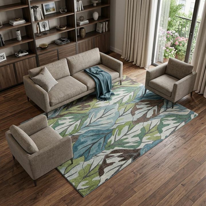 HomeRoots 8' X 11' Ivory Blue And Green Tropical Botanical Area Rug