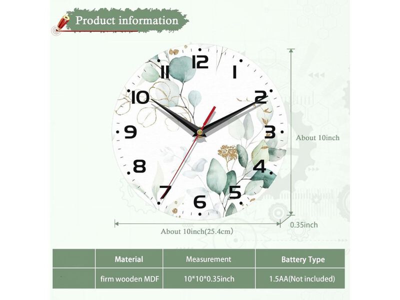 10" Eucalyptus Leaf Wall Clock - Battery Operated Decorative Clock for Living Room & Kitchen image number 2