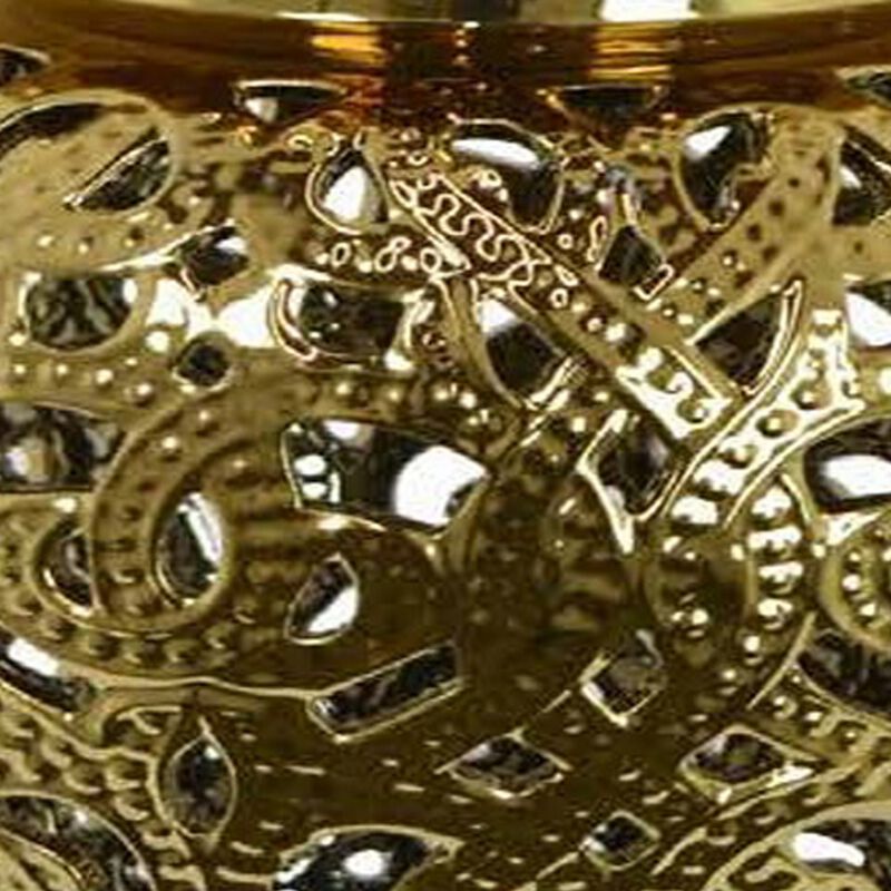 24 Inch Decorative Temple Jar, Pierced Details, Dome Lid, Gold Ceramic - Benzara