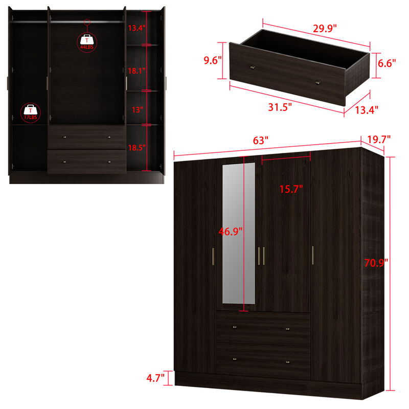 Brown Wood Grain 63 in. W 4-Door Big Armoires With Mirror, 2 Hanging Rods, 2 Drawers, Storage Shelves (70.9 in. H)