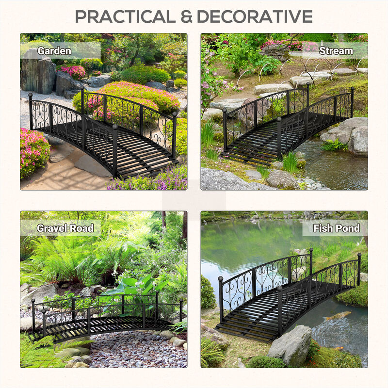 Outsunny 7' Metal Arch Garden Bridge with Safety Siderails, Decorative Arc Footbridge with Delicate Scrollwork "S" Motifs for Backyard Creek, Stream, Fish Pond, Black