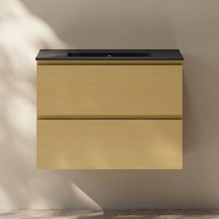 30" Wall-Mounted Bathroom Vanity, Natural Oak, Black 3-Hole Widespread Sink Top