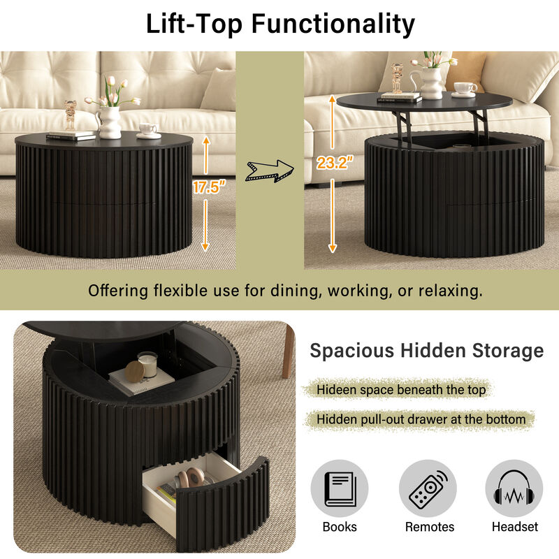 Merax Height-Adjustable Round Coffee Table with Smooth Lift Mechanism, Concealed Storage image number 7