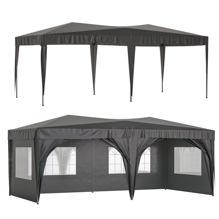 10'x20' EZ Pop Up Canopy Outdoor Portable Party Folding Tent with 6 Removable Sidewalls + Carry Bag + 6pcs Weight Bag Beige Black