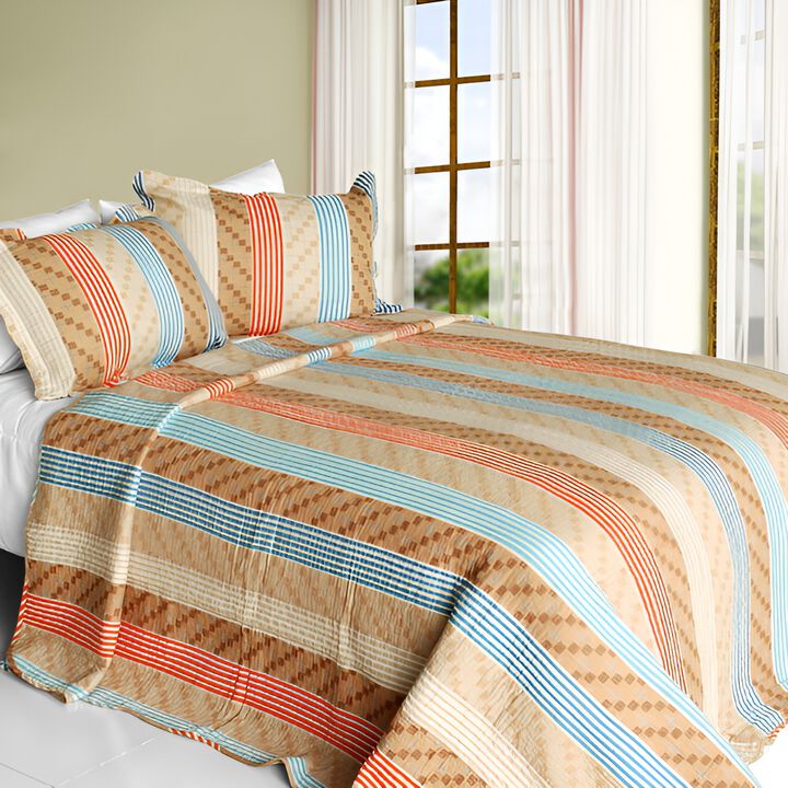 3-Piece Cotton Vermicelli Quilted Striped Printed Quilt Set with Matching Shams