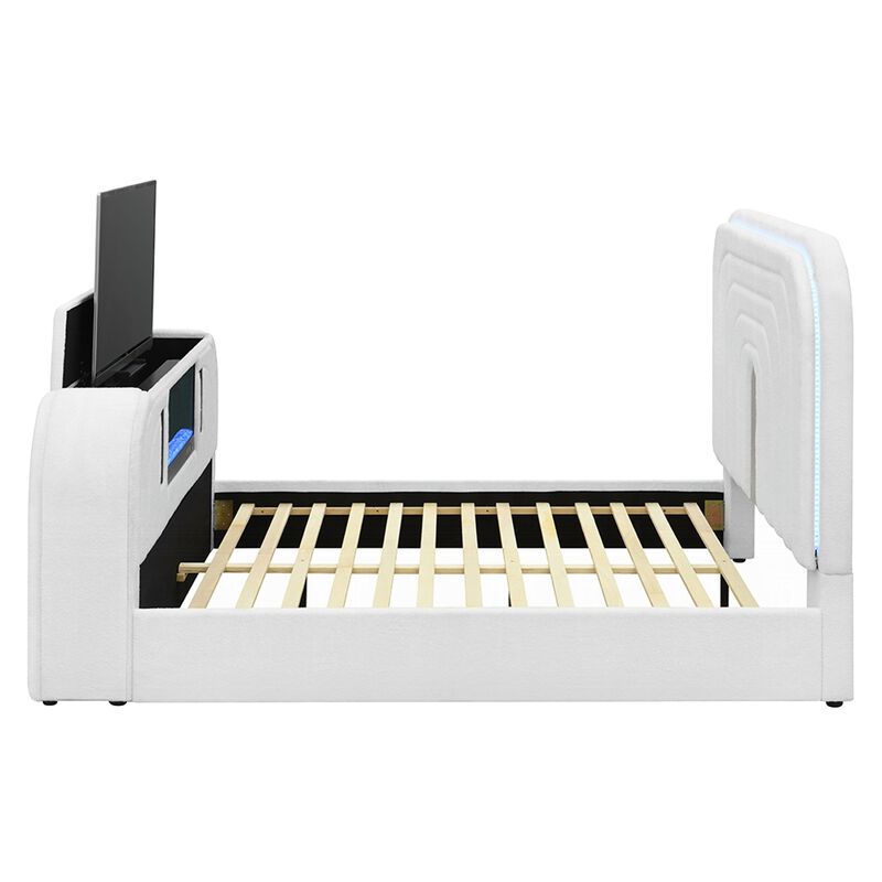 Kery King LED Bed w TV Cabinet, Fireplace, White Teddy Sherpa Upholstery image number 2