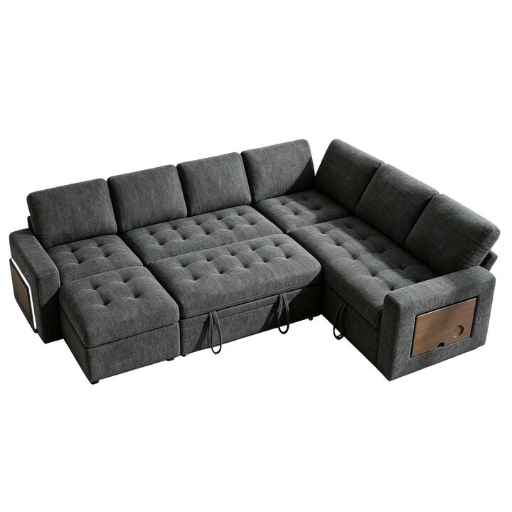 102" L-Shaped Chenille Modular Sectional Sleeper Sofa with Pullout Bed, Reclining Backrest, USB