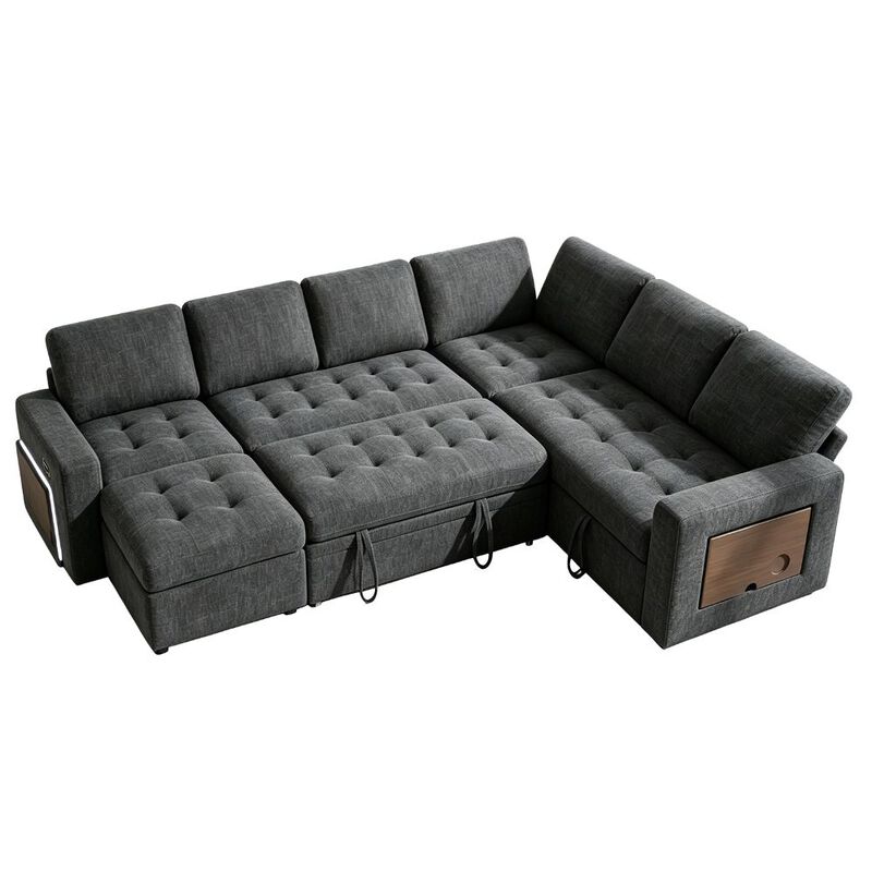 102" L-Shaped Chenille Modular Sectional Sleeper Sofa with Pullout Bed, Reclining Backrest, USB image number 0