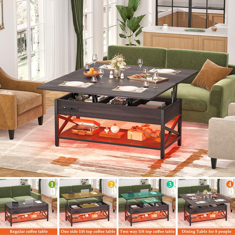 Aheaplus Coffee Table Lift Top Multi-Function Coffee Table Converts to Dining Table, with LED Light and Power Outlet, Center Tab