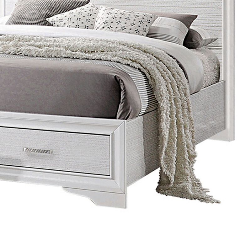 Contemporary Eastern King Bed with Drawers and Glittering Stripes, White-Benzara