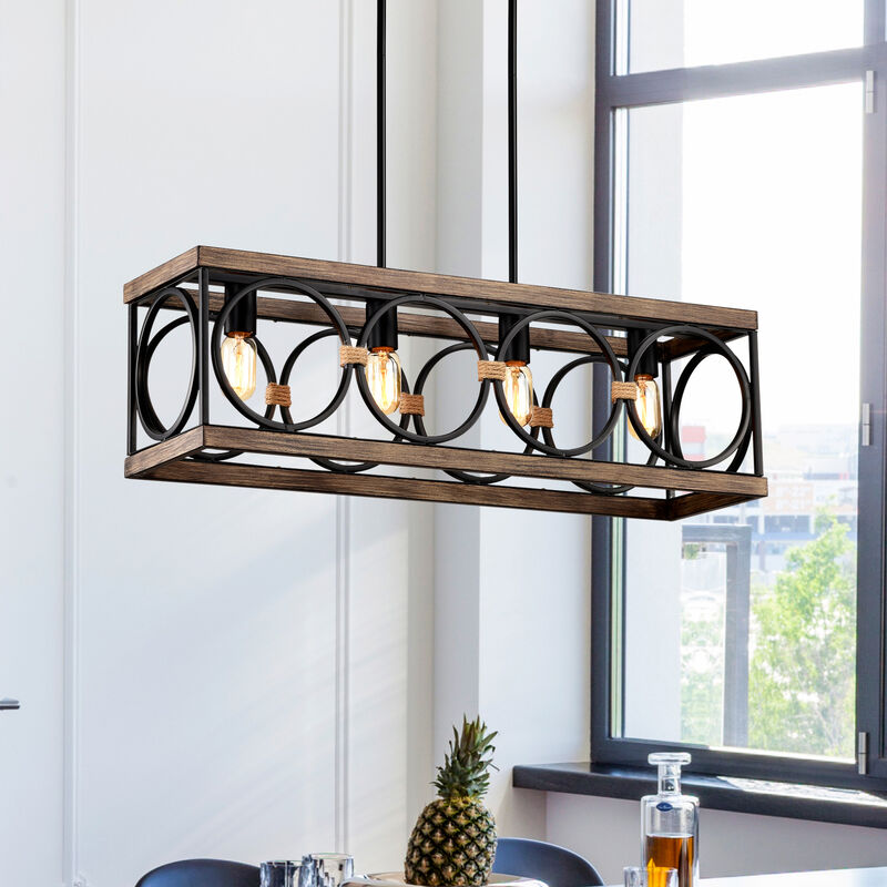 4-Light Farmhouse Rectangle Pendant Light Vintage Rustic Industrial Hanging Light Fixture image number 1