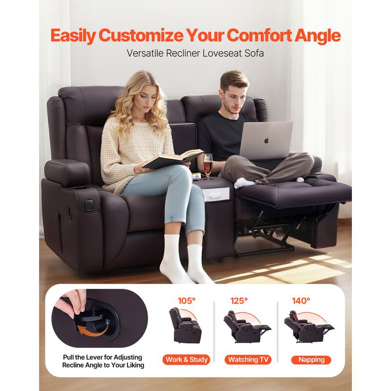 Loveseat Recliner Sofa, Manual PU Leather Couch with Console, USB & Cup Holders image number 9