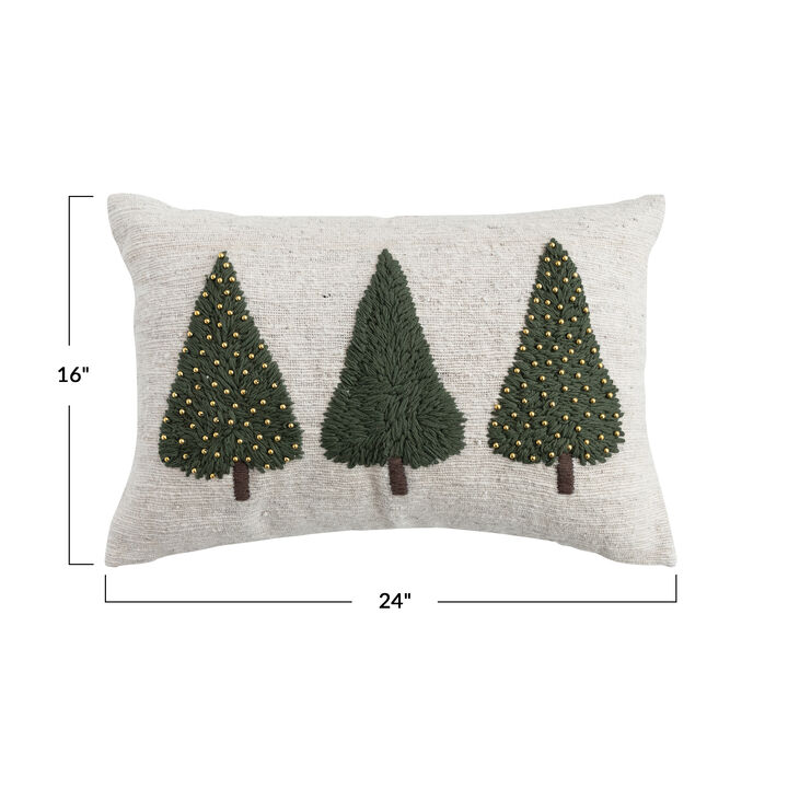 Hand-Woven and Wool Lumbar Pillow with Embroidered Trees and Beads, Natural, Green and Gold Finish