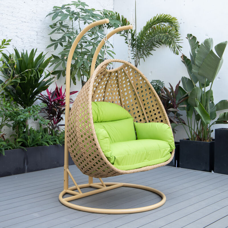 LeisureMod Mendoza Light Brown Wicker Hanging 2 person Egg Swing Chair Removable Cushion With Iron Base