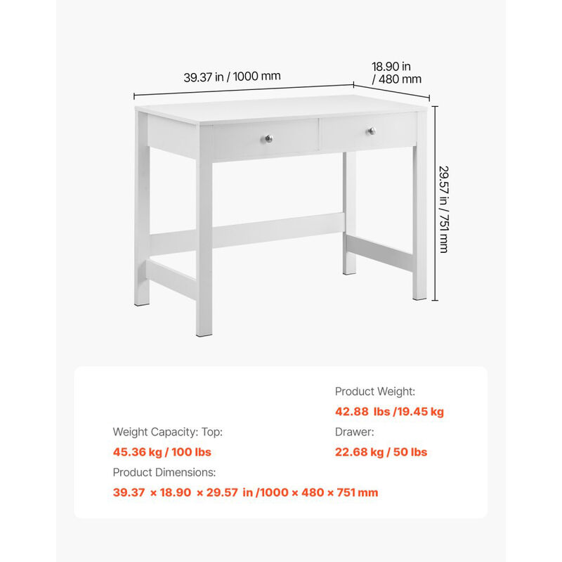 Modern Kids Writing Desk with Storage Drawers Rectangle Study Table for Home Office-White image number 2