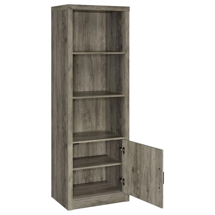 Sac 71 Inch Media Pier Tower with 3 Shelves and Single Cabinet, Gray Wood - Benzara
