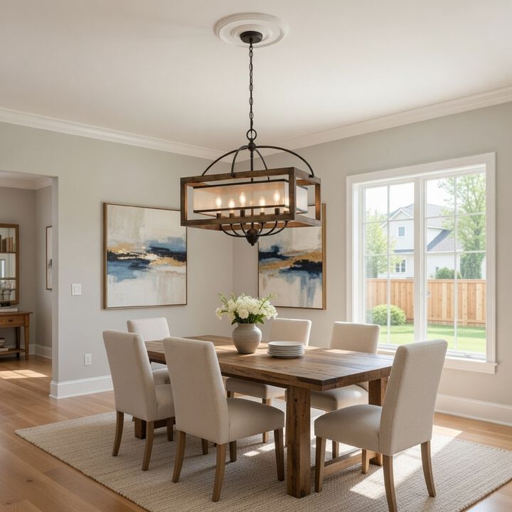 6 Bulb Square Chandelier with Wooden Frame and Organza Striped Shade, Brown - Benzara