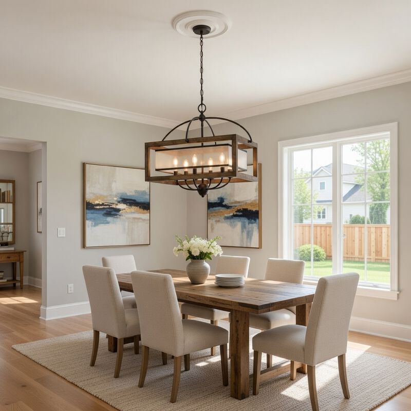6 Bulb Square Chandelier with Wooden Frame and Organza Striped Shade, Brown - Benzara image number 1
