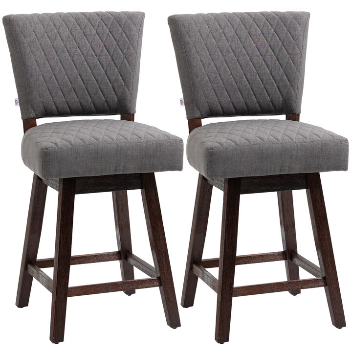 HOMCOM Counter Height Bar Stools, Set of 2, Swivel Barstools 26.5 Inch Seat Height with Back, Rubber Wood Legs and Footrests, for Kitchen Dining Room Pub, Grey