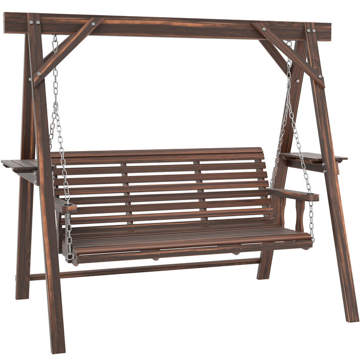 Hivvago 3-Seat Wooden Porch Swing with Stand & Side Tables