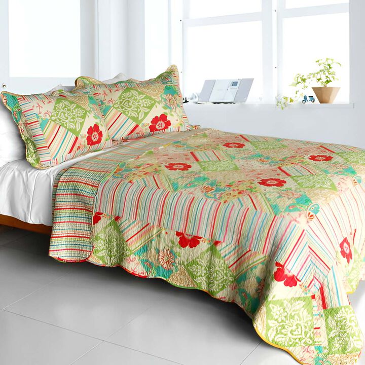 Springtime Hills 3PC Cotton Quilted Floral Quilt Set Queen Size Cozy Printed Bedding