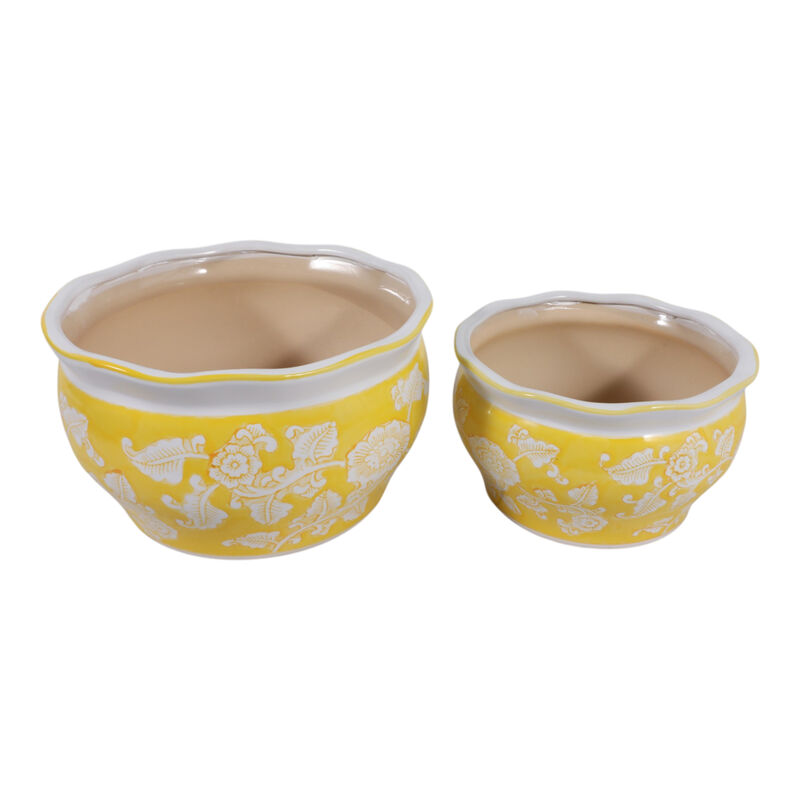 S/2 10/12" Chinoiserie Vines Planters,yellow image number 3