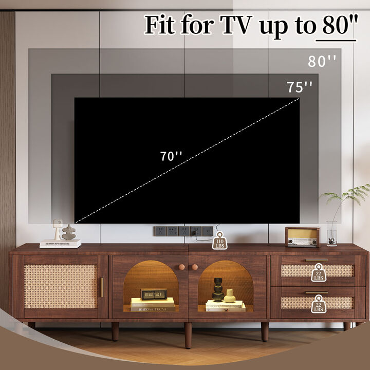 Merax Smart TV Cabinet with RGB LED Lighting, Rattan Doors, 2 Drawers, Closed Cabinet & Glass