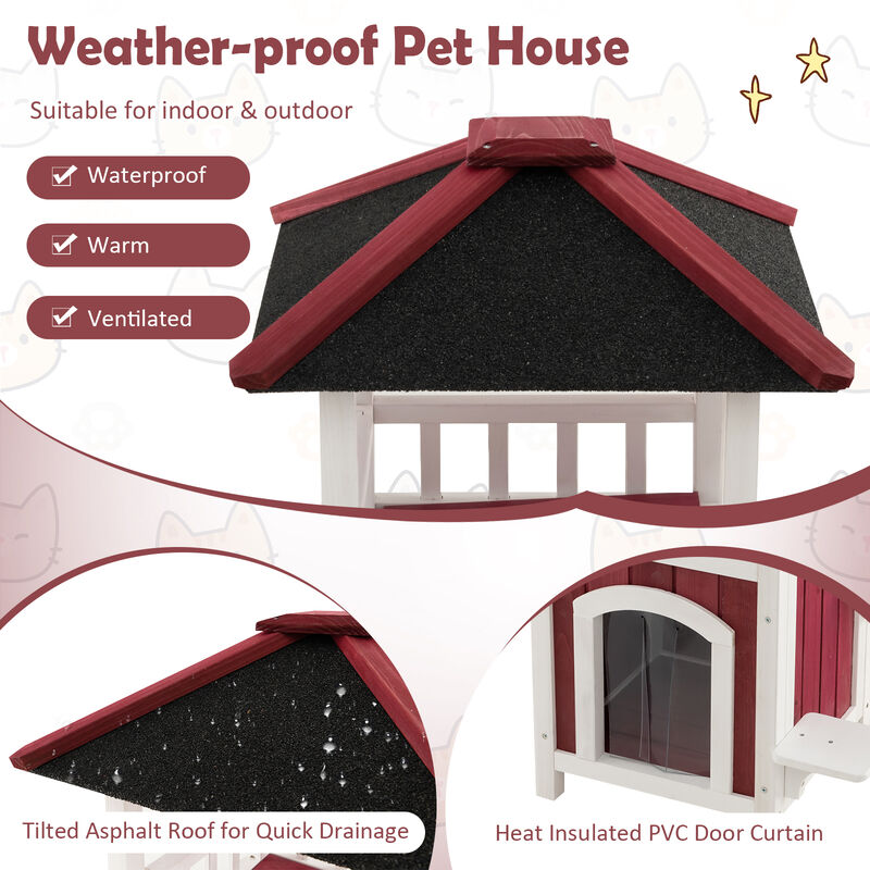Outdoor 2-Story Wooden Cat House with Balcony, Roof & Rain Curtain &ndash; Red image number 6