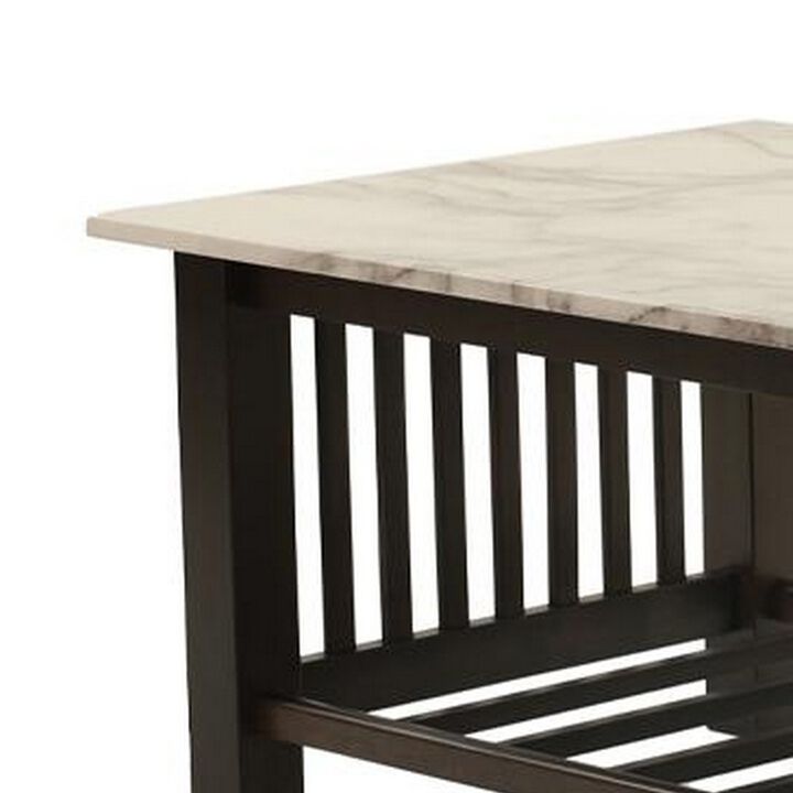Moen 47 Inch Coffee Table, White Faux Marble Top, Bottom Shelf, Black Wood - Benzara