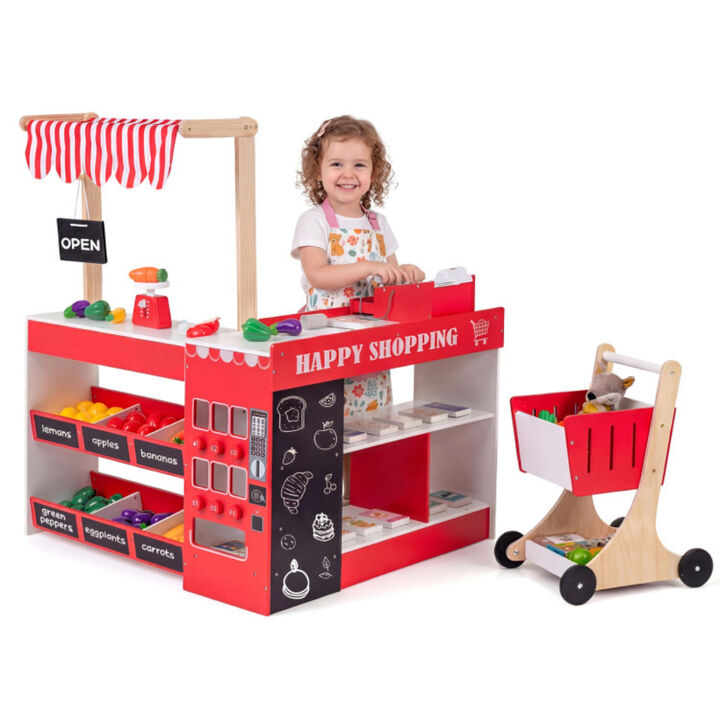 Wooden Kids Pretend Play Supermarket Grocery Store with Shopping Cart