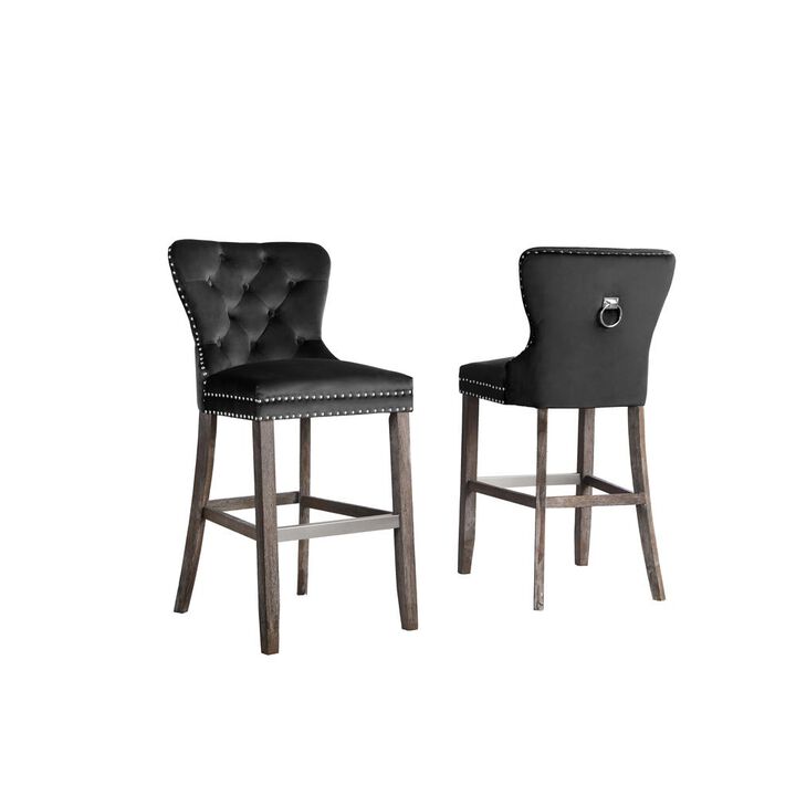 Best Quality Furniture 24 Tufted Velvet Upholstered Bar stool in Black, Set of 2, Black