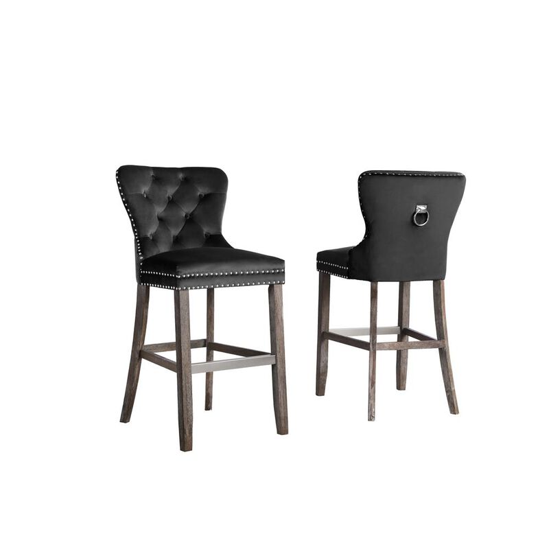 Best Quality Furniture 24 Tufted Velvet Upholstered Bar stool in Black, Set of 2, Black
