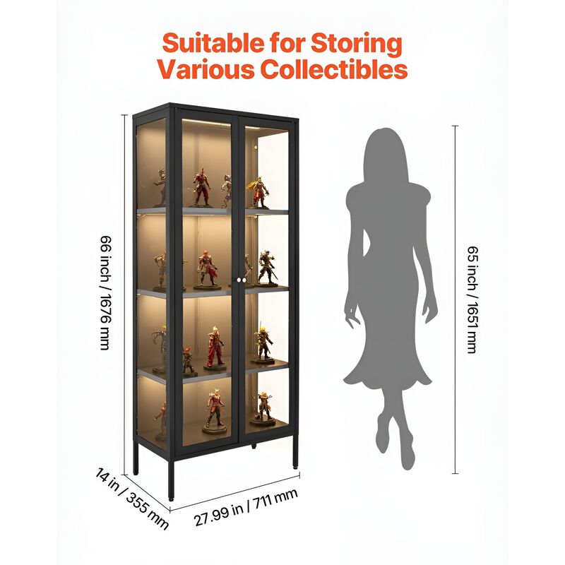 4-Tier Glass Door Display Cabinet with 3 Adjustable Shelves and LED Lighting for Home Display-Black image number 2