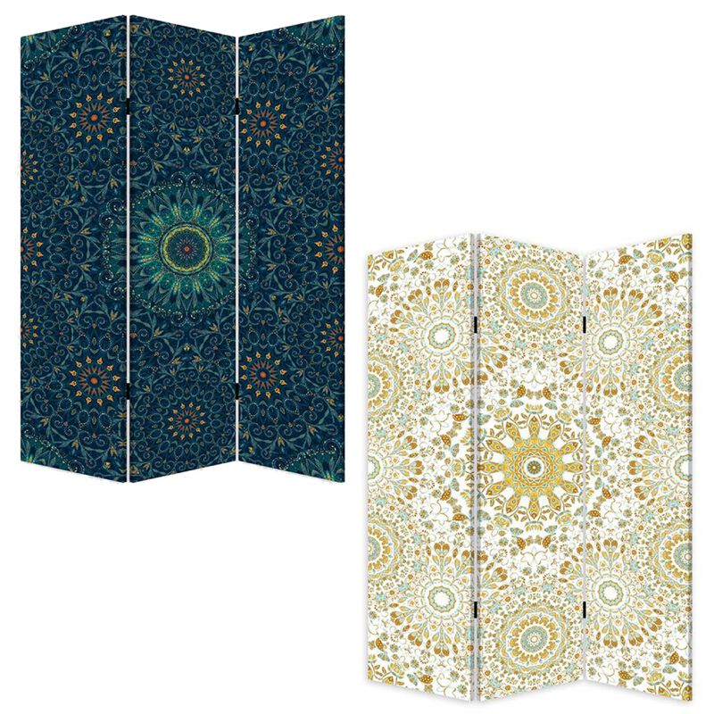 72 Inch 3 Panel Canvas Foldable Room Divider, Bohemian Design, Teal Blue - Benzara