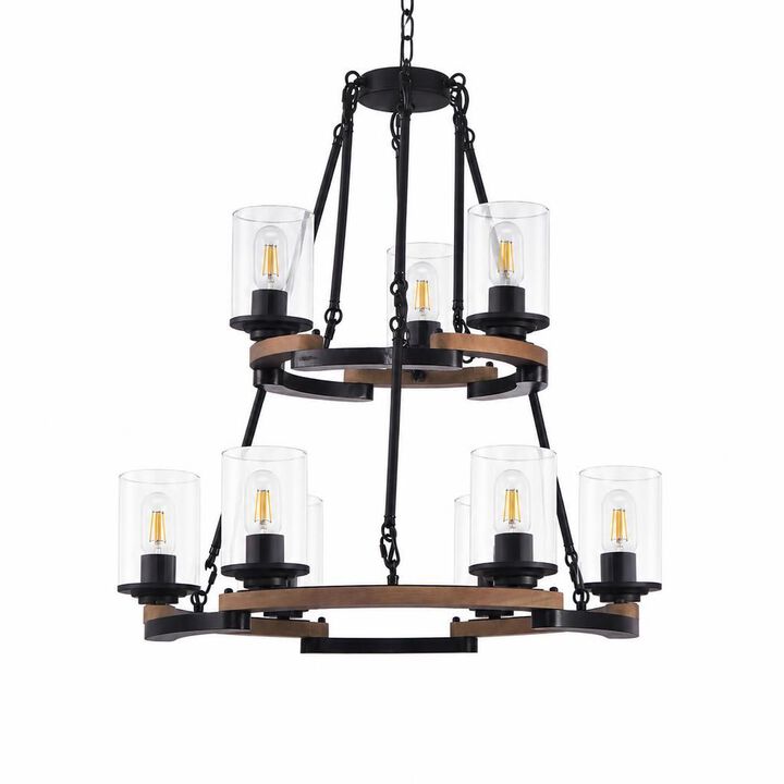 ELEMENT ACE 9-Light Vintage Wagon Wheel Chandelier, Rustic Farmhouse Black Wood Ceiling Light, Adjustable Height for Dining Room Living Room Entryway Kitchen