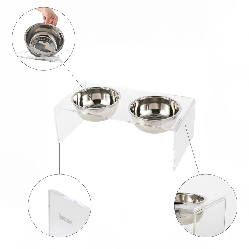 Keaton Modern Acrylic Rectangular Elevated Pet Feeder with Stainless Steel Bowls