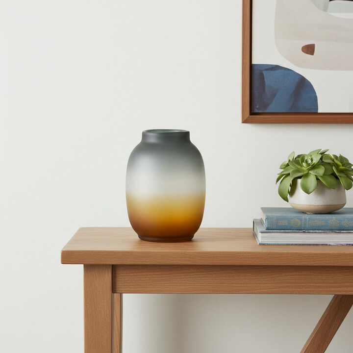 HomeRoots 10" Charcoal And Orange Ombre Round Glass Table Vase